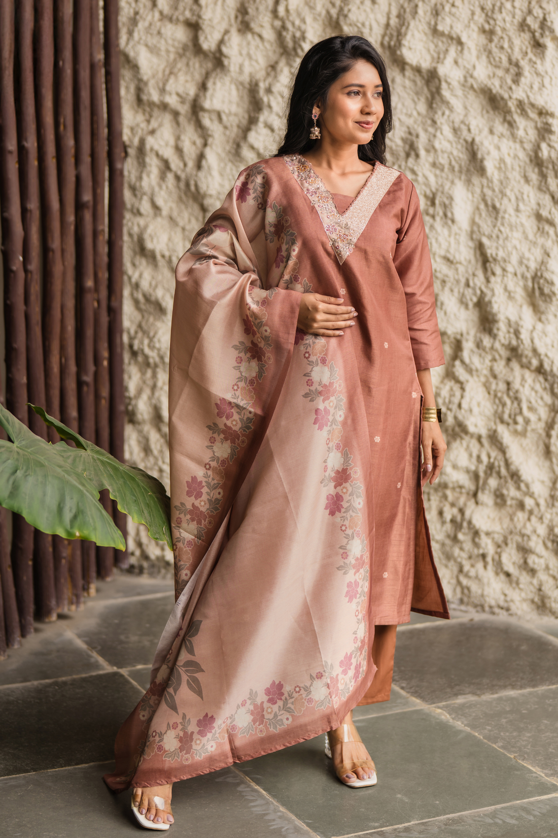 Rubyruche Cinnamon Red Embroidered 3 Piece Organza Silk Blend Kurti Set with Dupatta