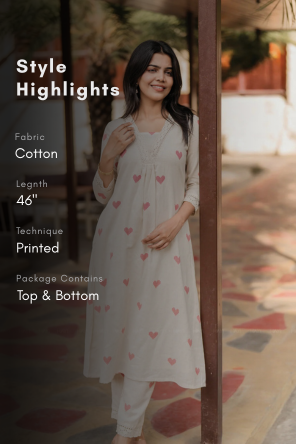 Crossheart Charm Off-White Cotton Co-Ord with V-Neckline & 3/4th Sleeves