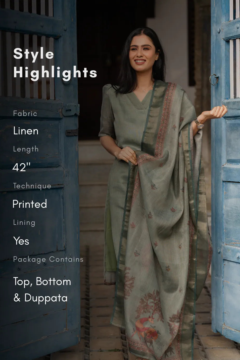 Mirga Green 3 Piece Linen Blend Printed Kurta with Pant & Dupatta