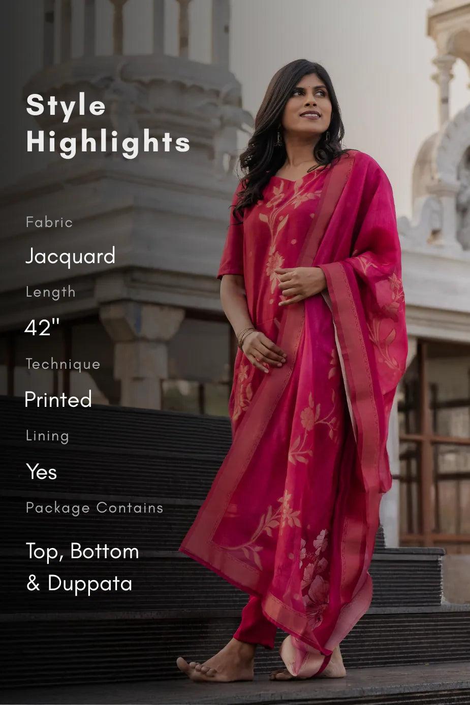 Rosewood Reddish Pink 3 Piece Jacquard Silk Blend Floral Placement Printed Kurta with Pant & Dupatta