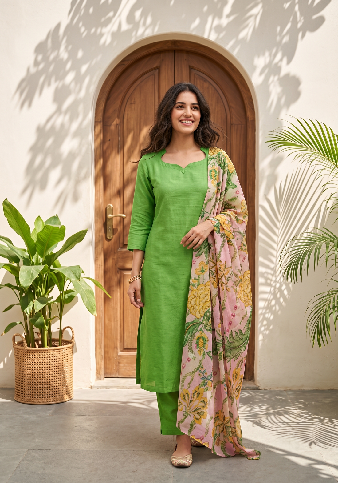 Floral Charmist Solid 2 Piece Raw silk blend Kurta with Printed Dupatta