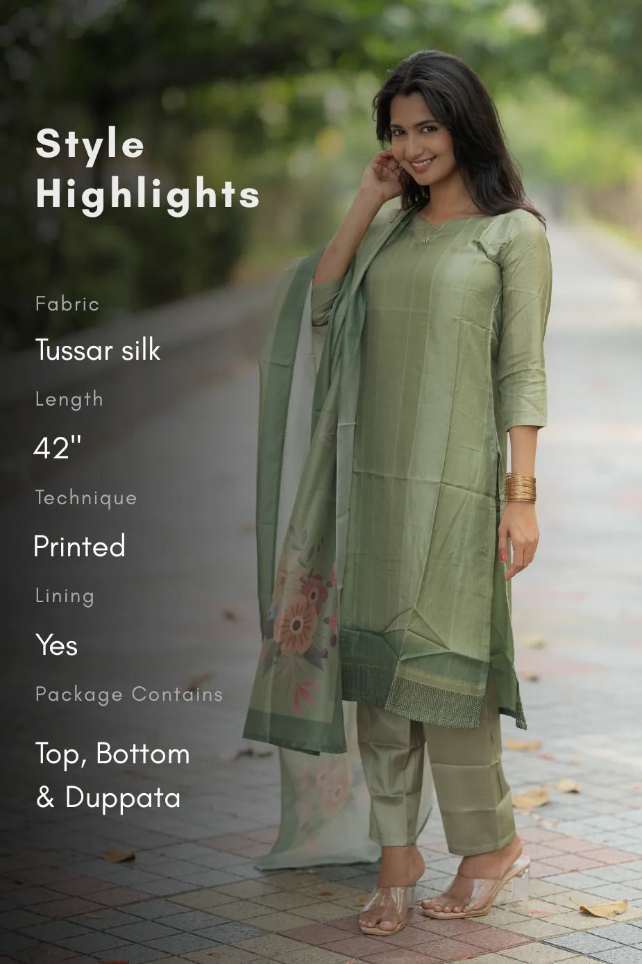 Matcha Bloom 3 Piece Tussar Silk Printed Kurta Set with Dupatta