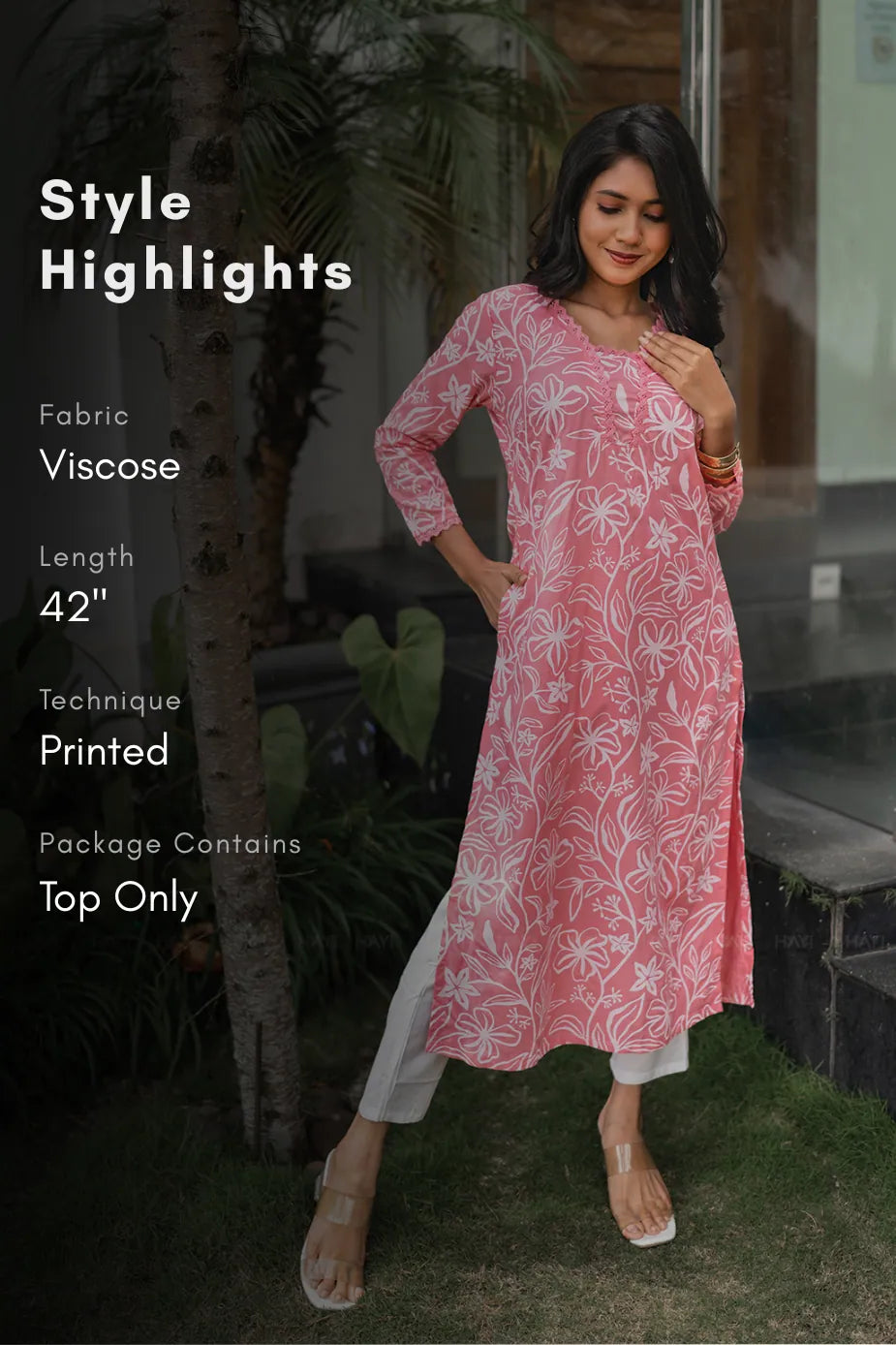 Mireya Roseline Pink Viscose Kurta with V-Neck & 3/4 Sleeves