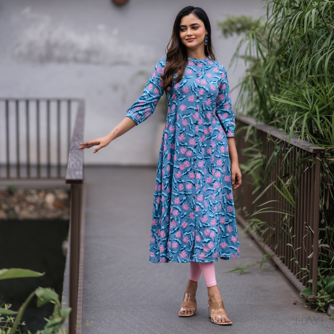 Floating Lilly Blue Printed Maternity wear and feeding dress