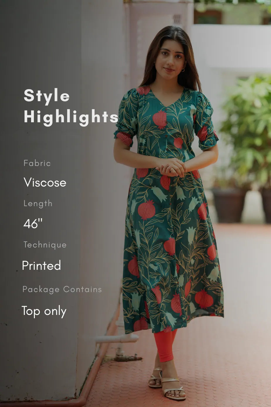 Pomo Blooming Teal Green Viscose Printed A-line Kurti