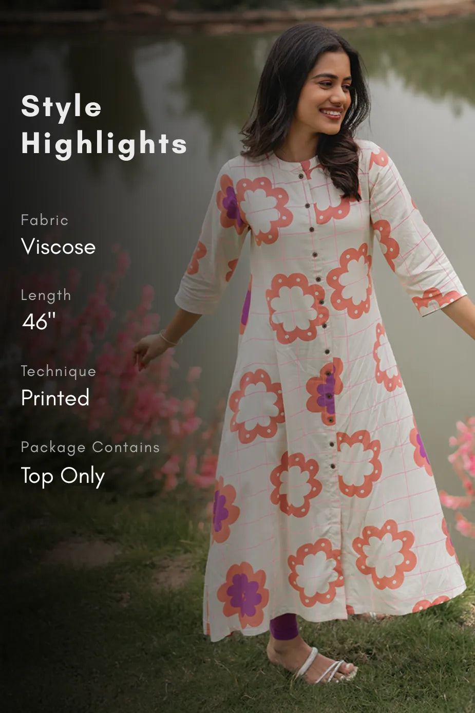 Floracheck Enchant Beige Viscose A-Line Kurta with Chinese Collar & 3/4th Sleeves