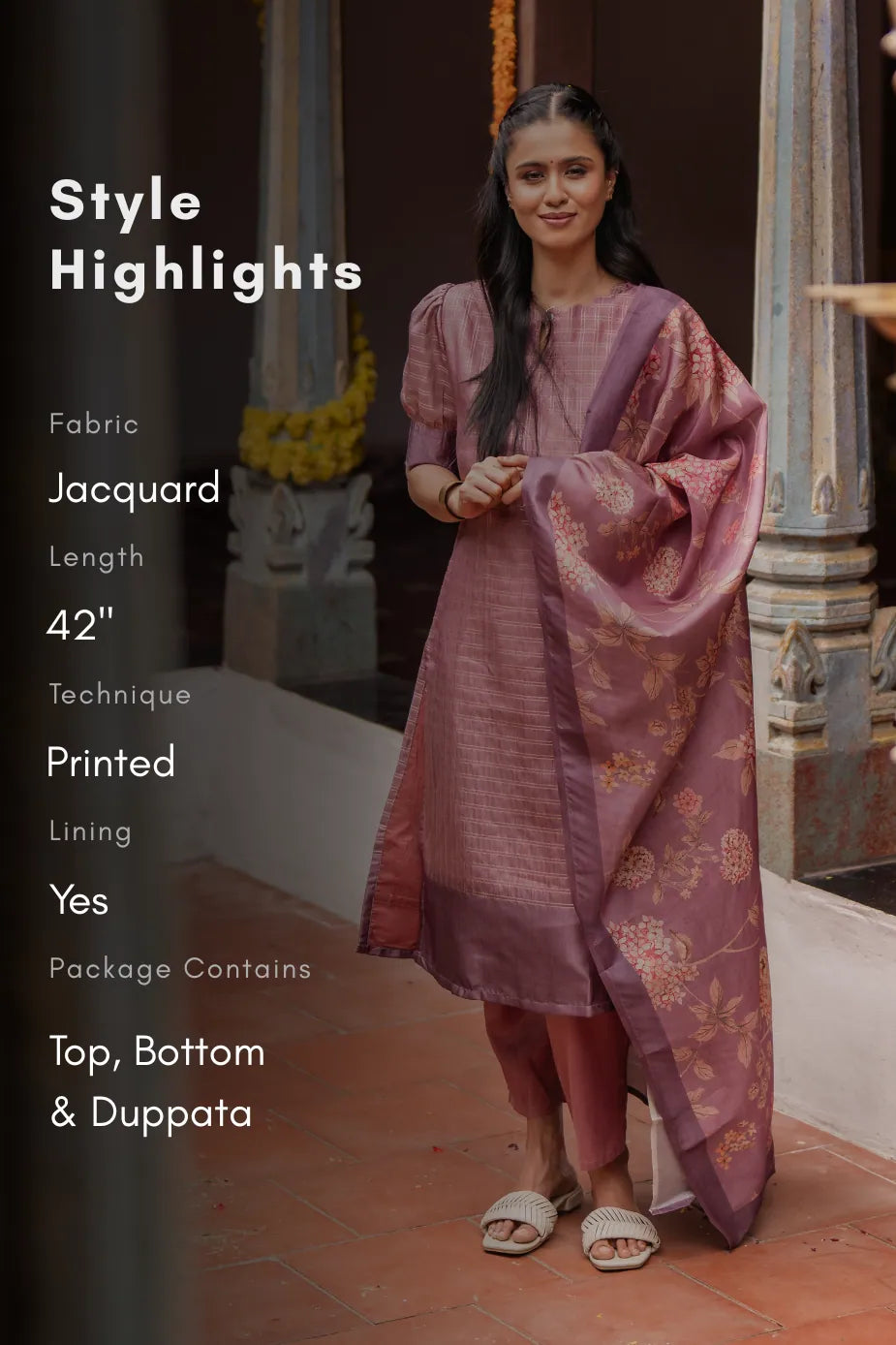 Dusky Pink Satin Daman 3 Piece Silk Check Blend Floral Printed Kurta with Pant & Dupatta