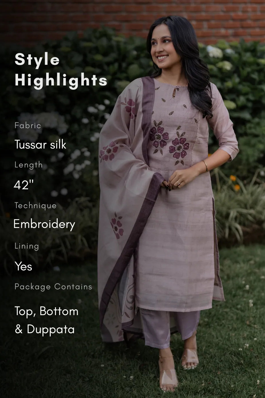 Rosey Mauve Embroidered Tussar Silk Kurta Set