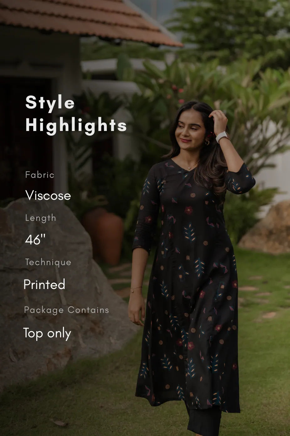 Lunavine Grace Black Printed Viscose Eclips Kurta