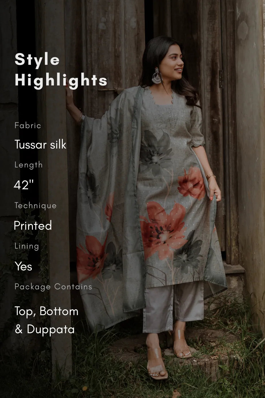 Vanessa Grey Tussar Silk Printed Kurta Set with Dupatta