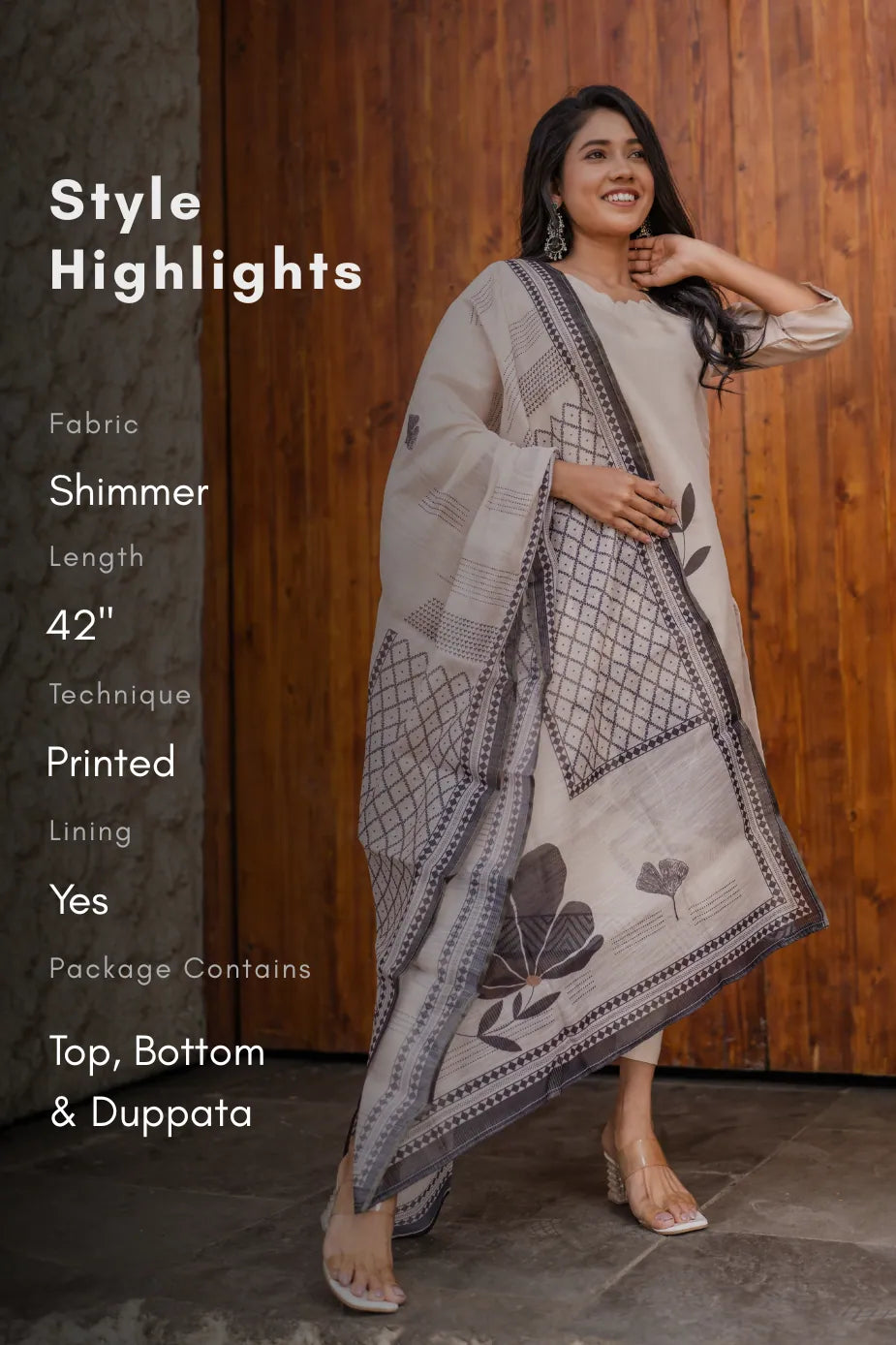 Petalcurve Classic Cream Printed 3 Piece Shimmer Tissue Kurti Set with Dupatta