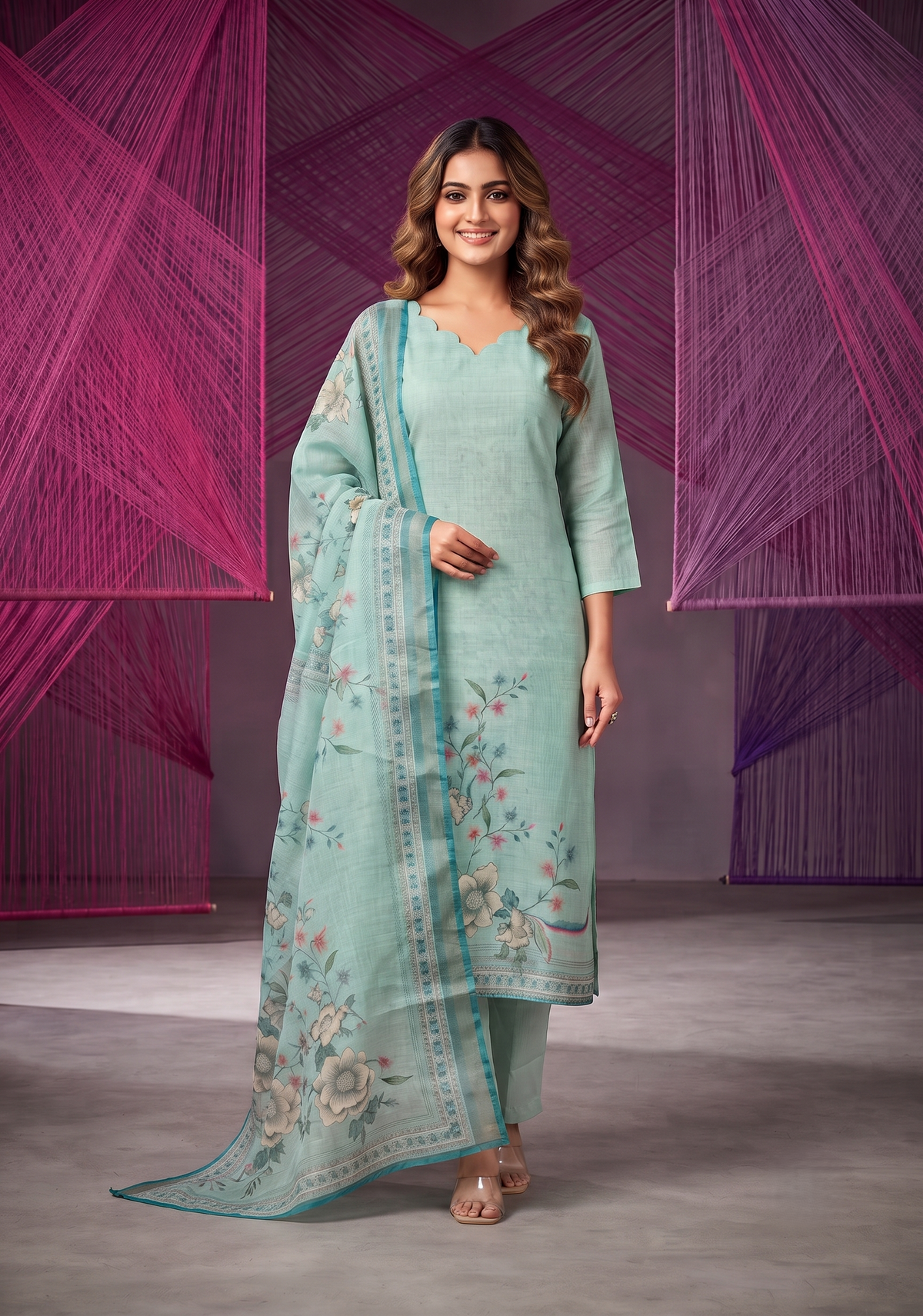 Tharisa Greyish Blue 3 Piece Shimmer Tissue Blend Placement Printed Kurta with Pant & Dupatta