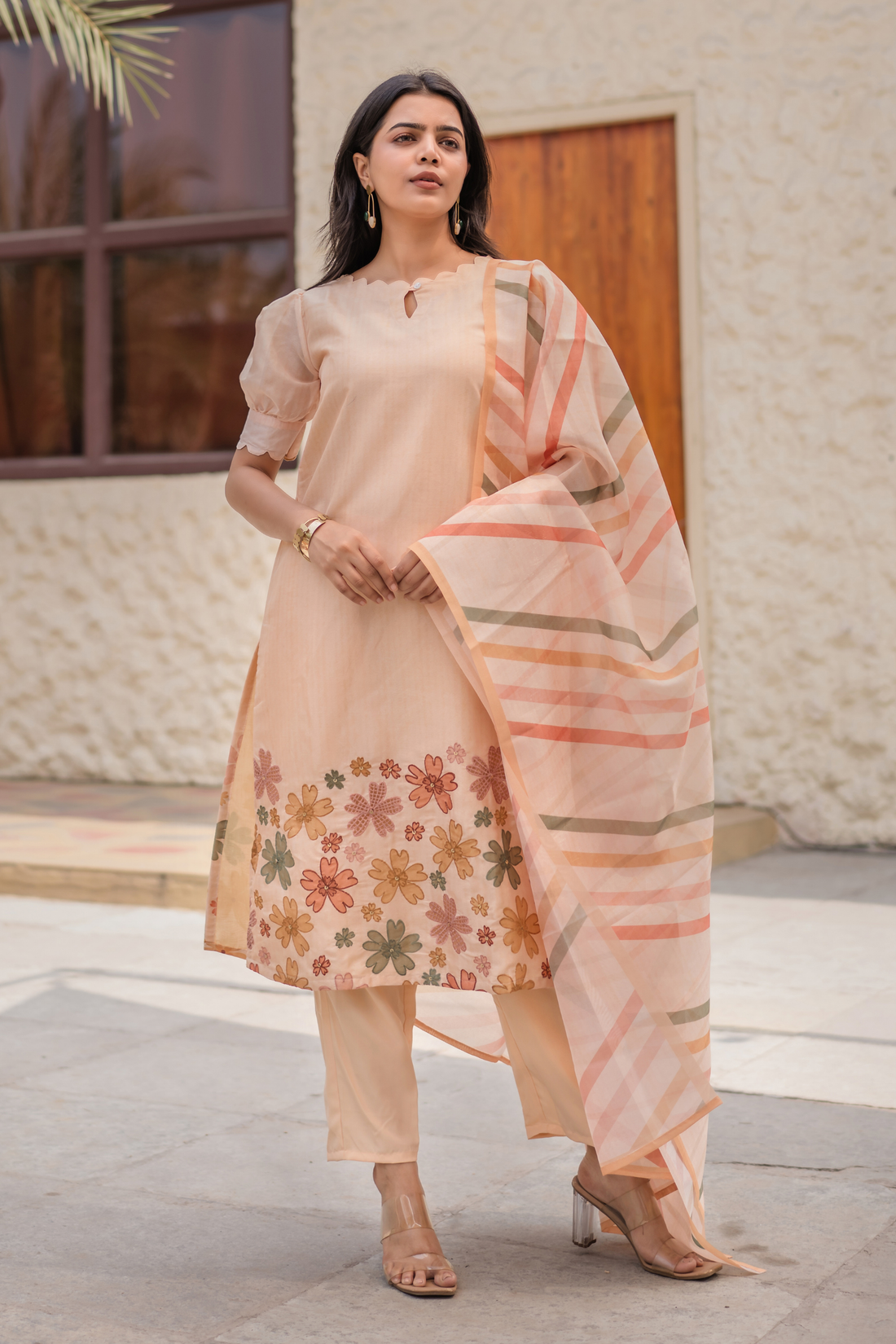 Buttercup Beige Embroidered 3 Piece Tissue silk blend Kurta with Pant & Dupatta
