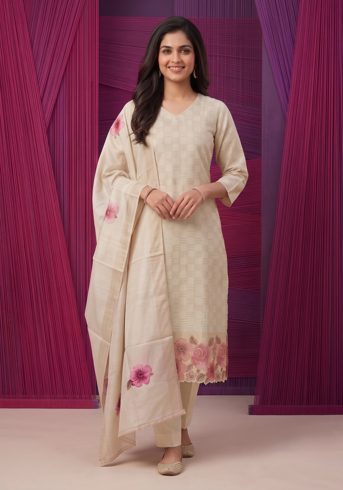 Rosvika Pearl Printed Tussar Checks Kurta Set with Dupatta