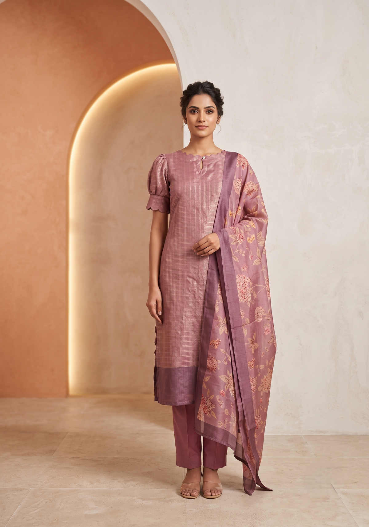Dusky Pink Satin Daman 3 Piece Silk Check Blend Floral Printed Kurta with Pant & Dupatta