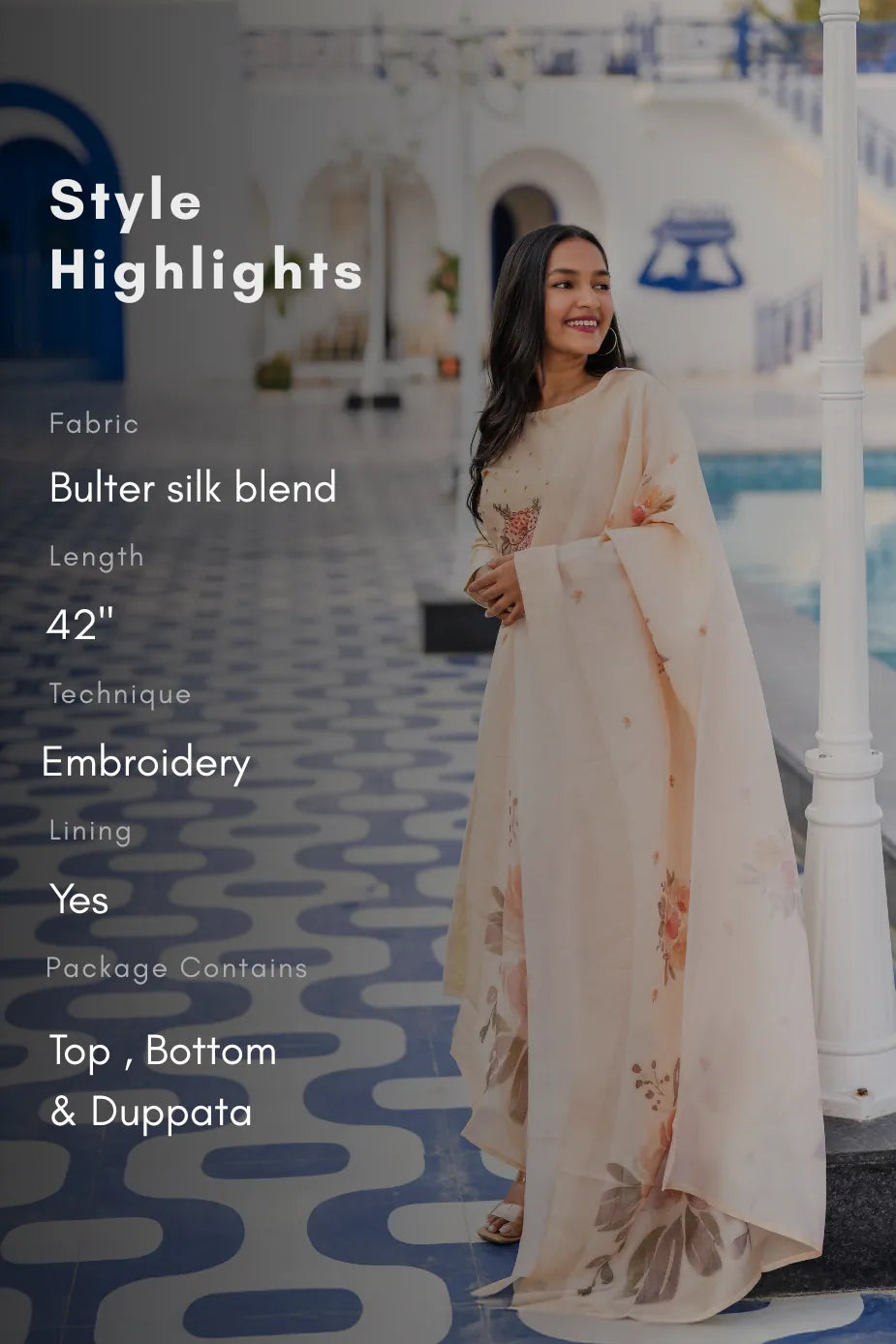 Fable Blossom Embroidered 3 Piece Butter Silk Blend Kurta Set with Dupatta