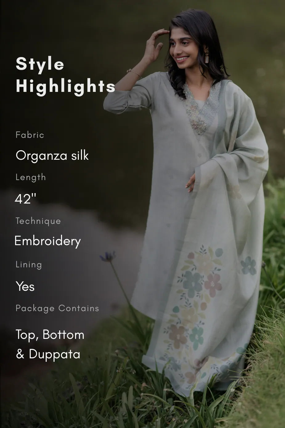 Willowshine Green Embroidery Organza Silk Kurta set with Dupatta