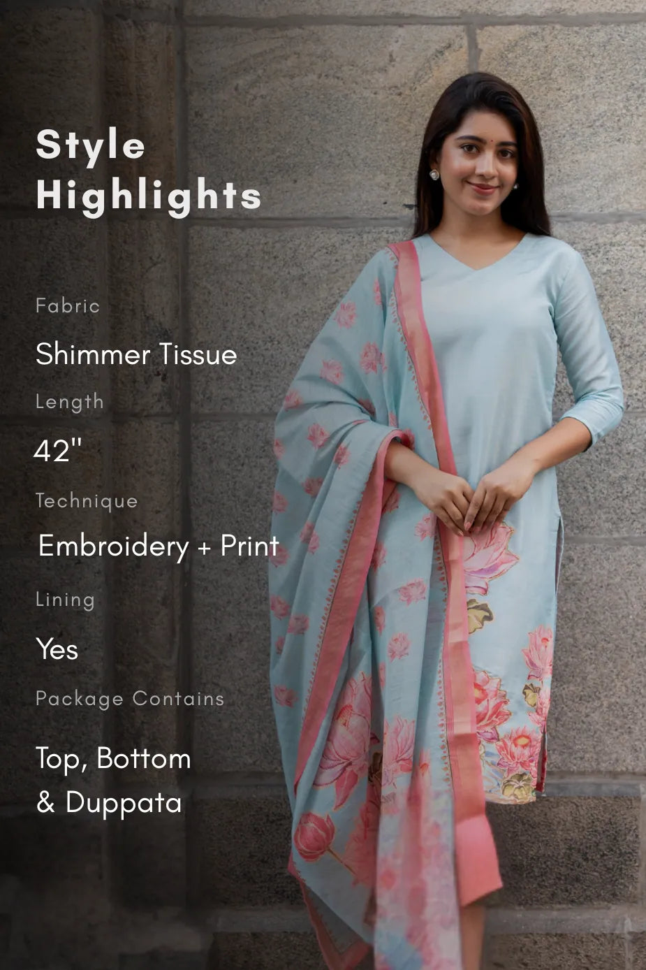 Lotus Mist Blue Printed 3 Piece Shimmer Tissue Kurti Set with Dupatta