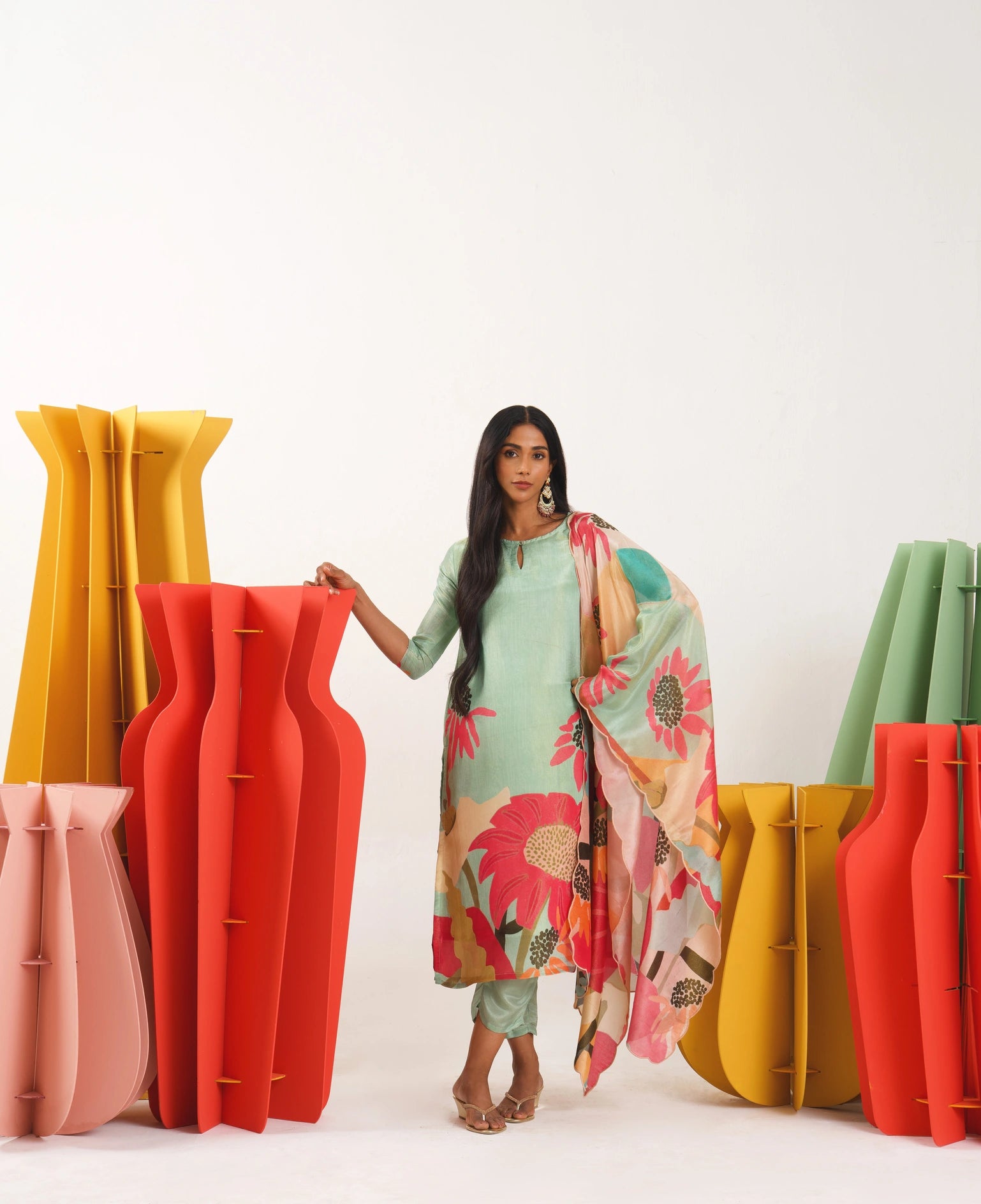 Floral Fondess Pink Straight Suit Set with Shimmer tissue silk Dupatta