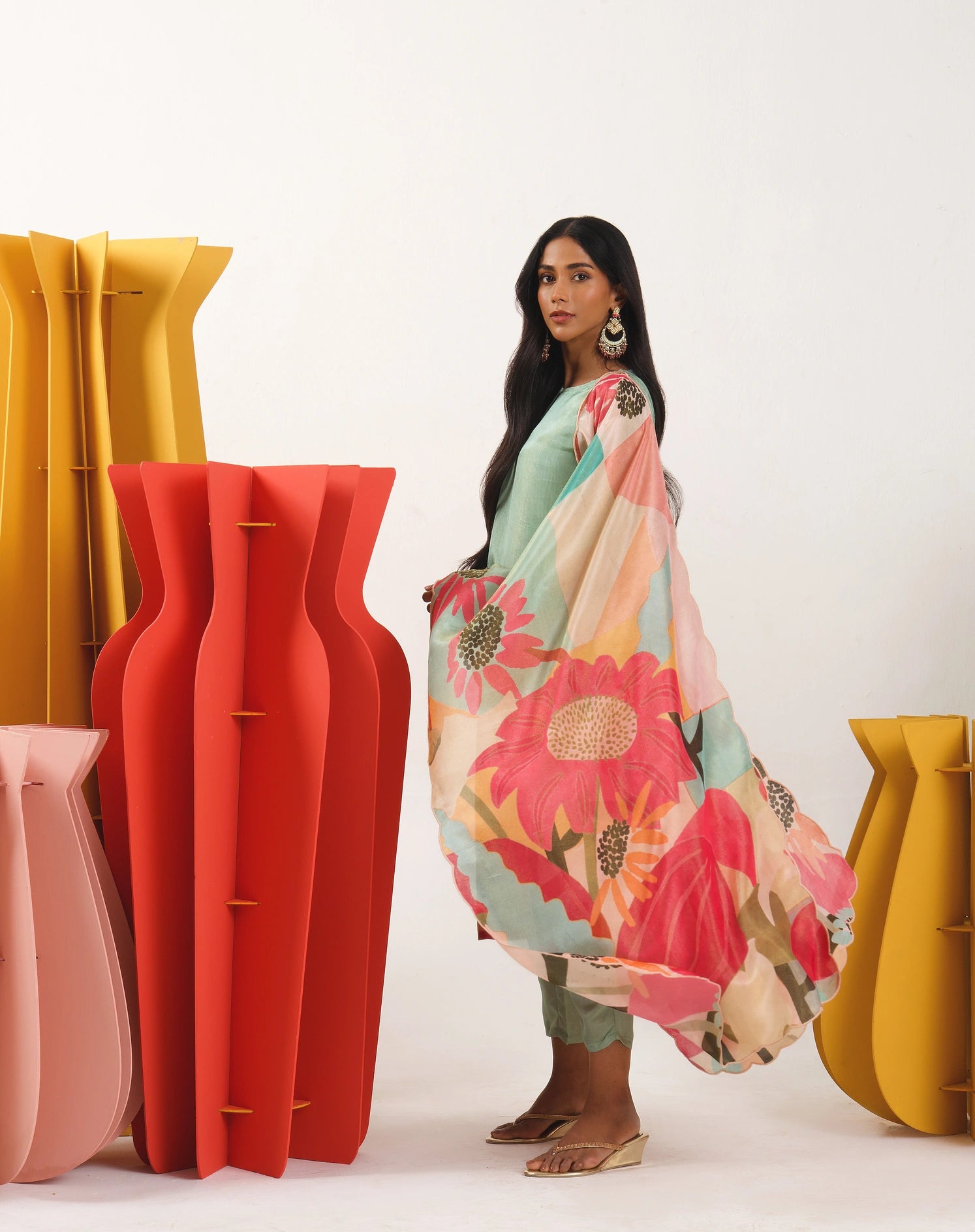 Floral Fondess Pink Straight Suit Set with Shimmer tissue silk Dupatta