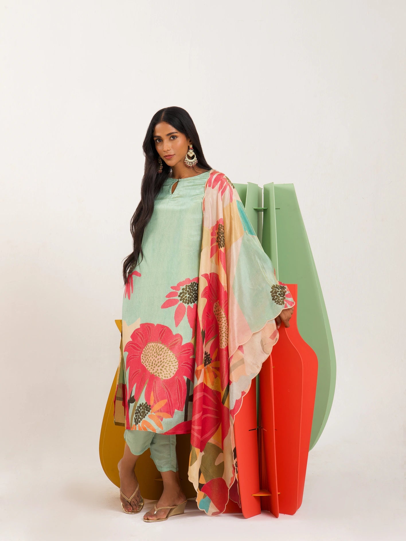Floral Fondess Pink Straight Suit Set with Shimmer tissue silk Dupatta