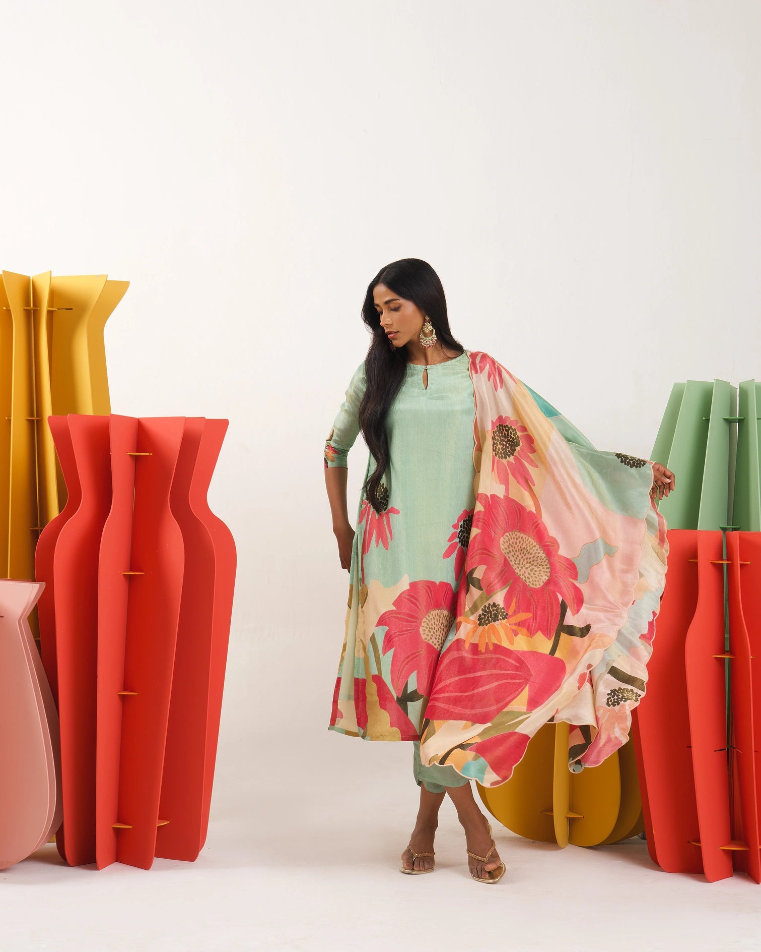 Floral Fondess Pink Straight Suit Set with Shimmer tissue silk Dupatta