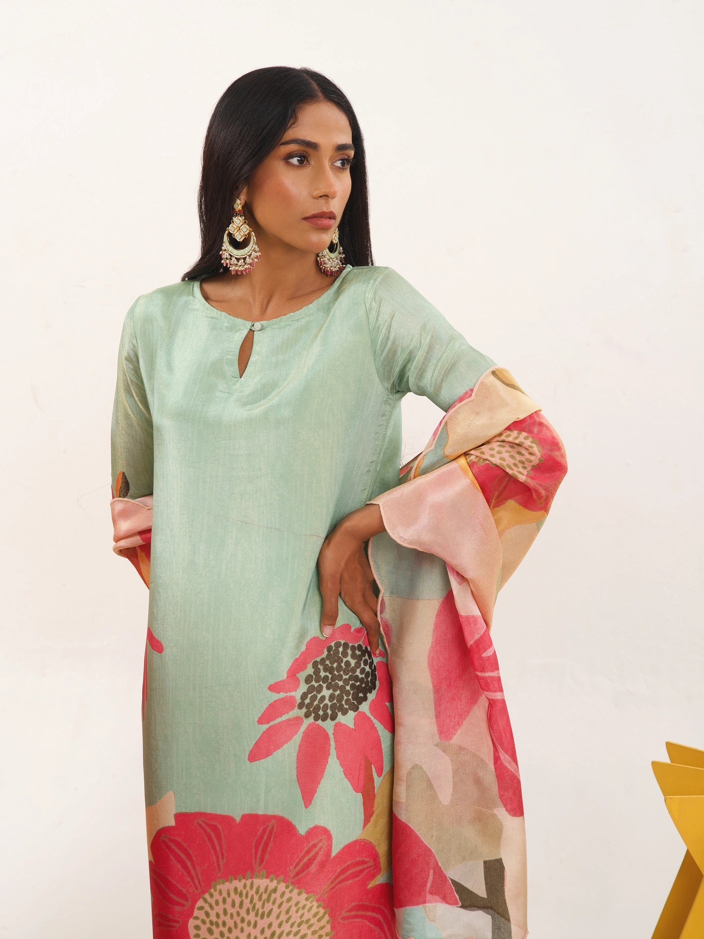 Floral Fondess Pink Straight Suit Set with Shimmer tissue silk Dupatta