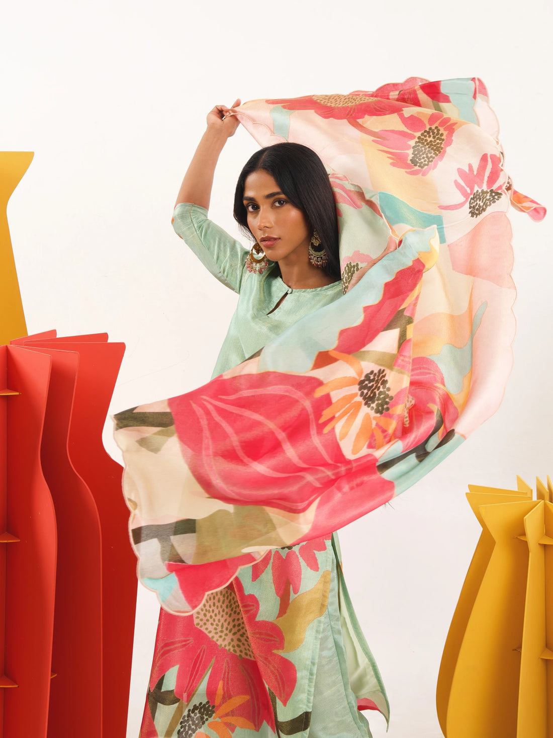 Floral Fondess Pink Straight Suit Set with Shimmer tissue silk Dupatta