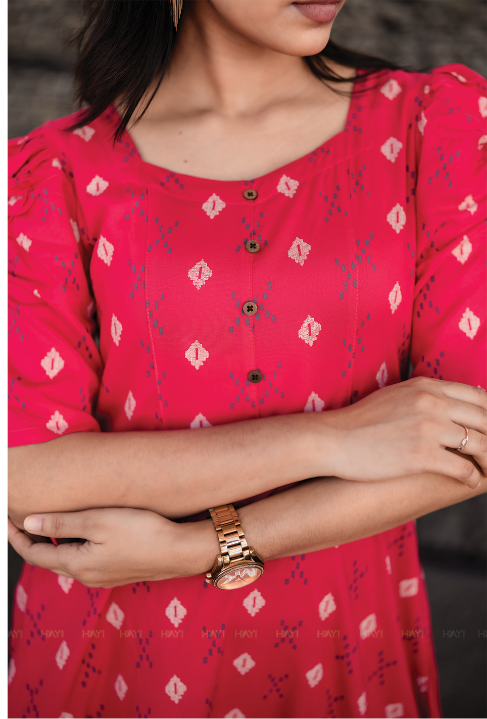 Redloom Cotton Dress with Sweetheart neck & Leg-O-Mutton Sleeves