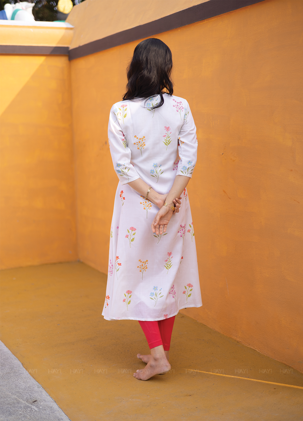 Petal Dreams Off White Linen Blend A-line Dress with Chinese Collar and 3/4th Sleeves
