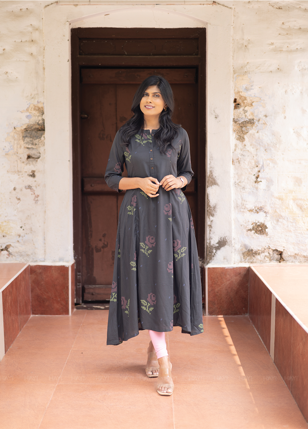 Elarose Dark Gray A-line Viscose Dress with Chinese Collar neck & 3/4th Sleeves