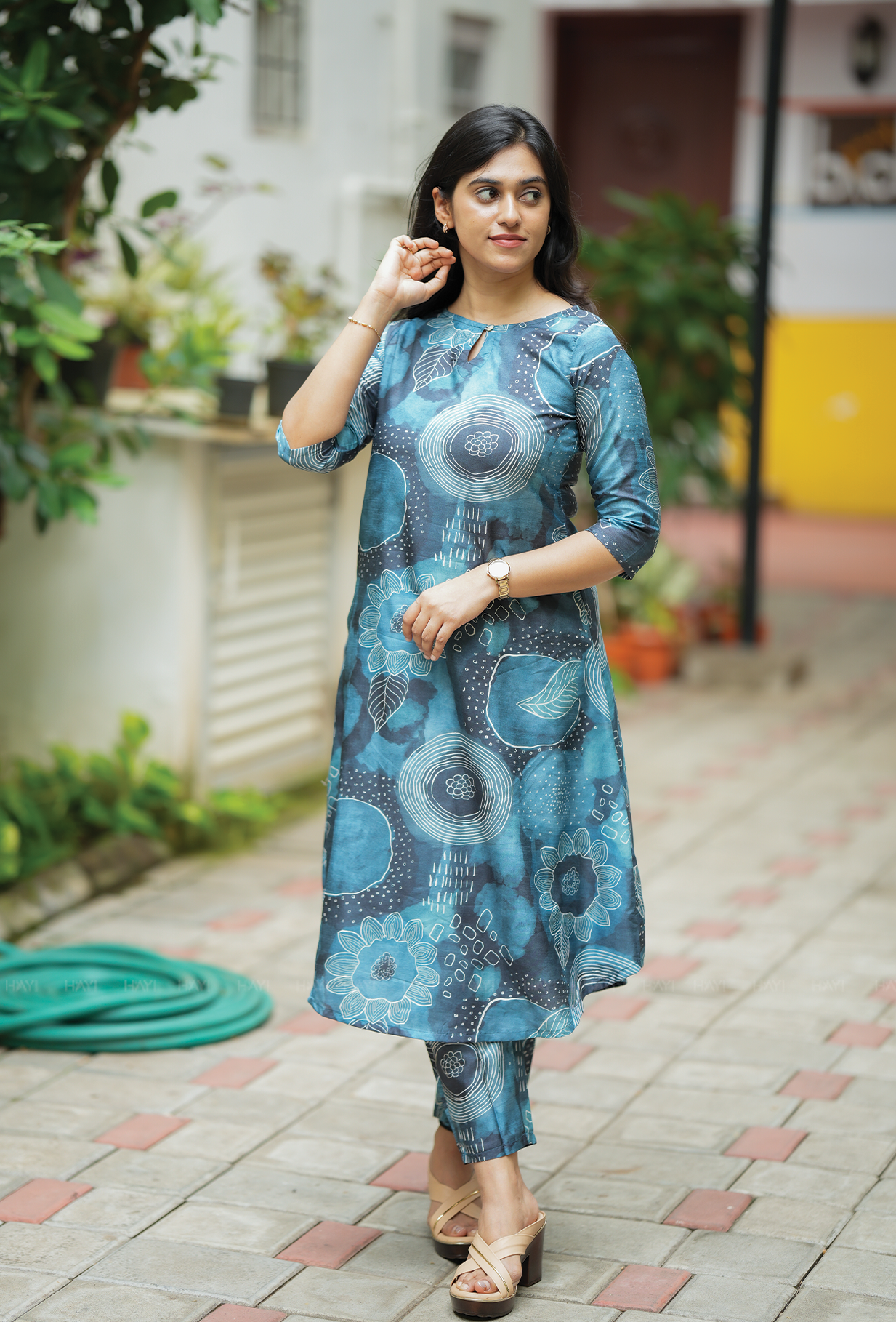Laver Blue with Floral Membrane Silk Blend Co ord set
