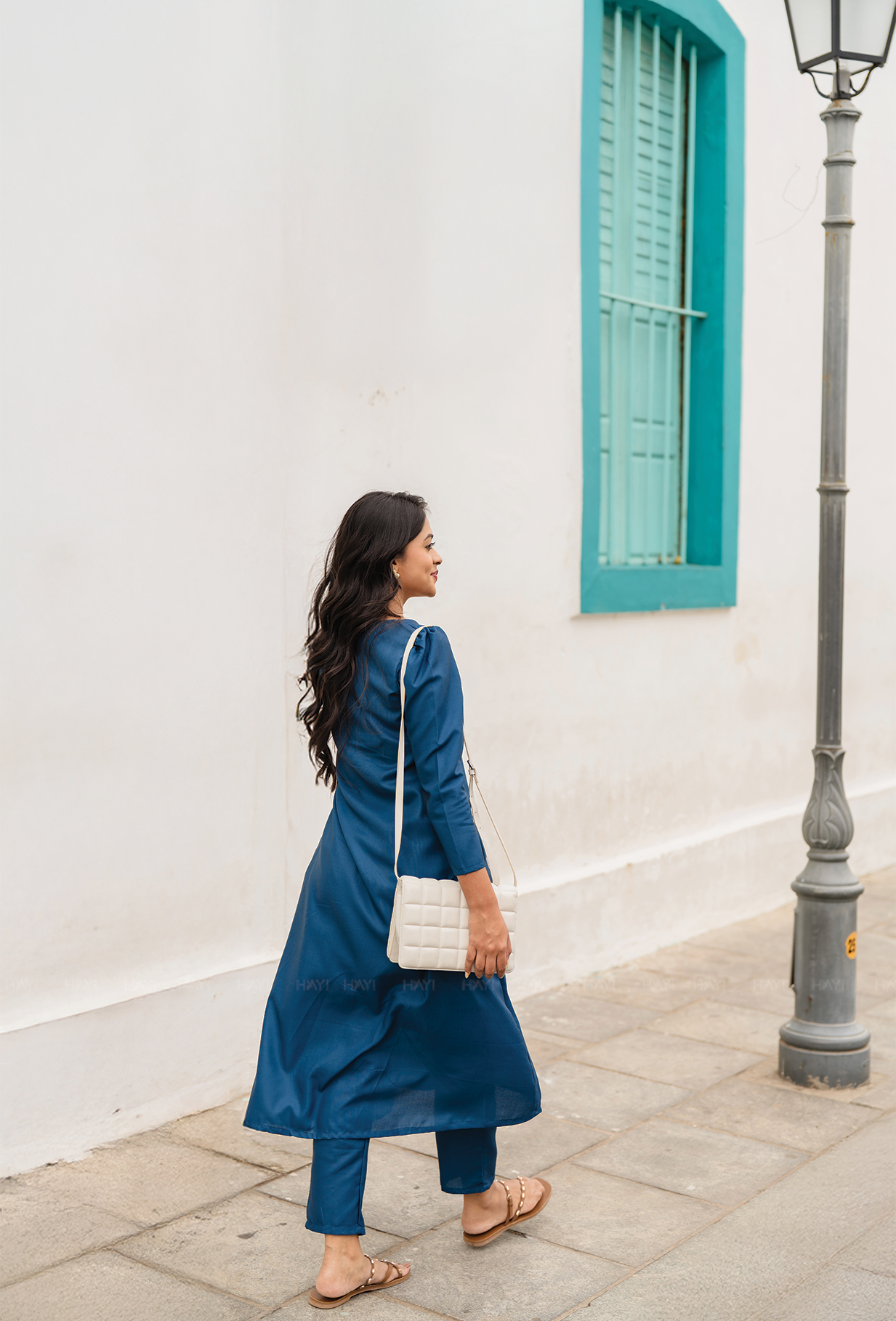 Ascent Blue with Cranes Embrace printed Linen Blend Co-ords