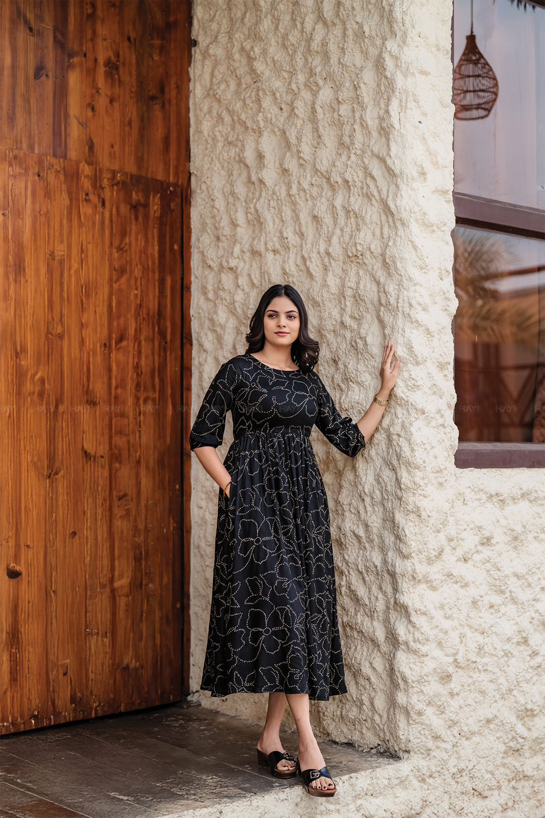 Dusklure Black Viscose Dress with Boat Neck & 3/4th Sleeves