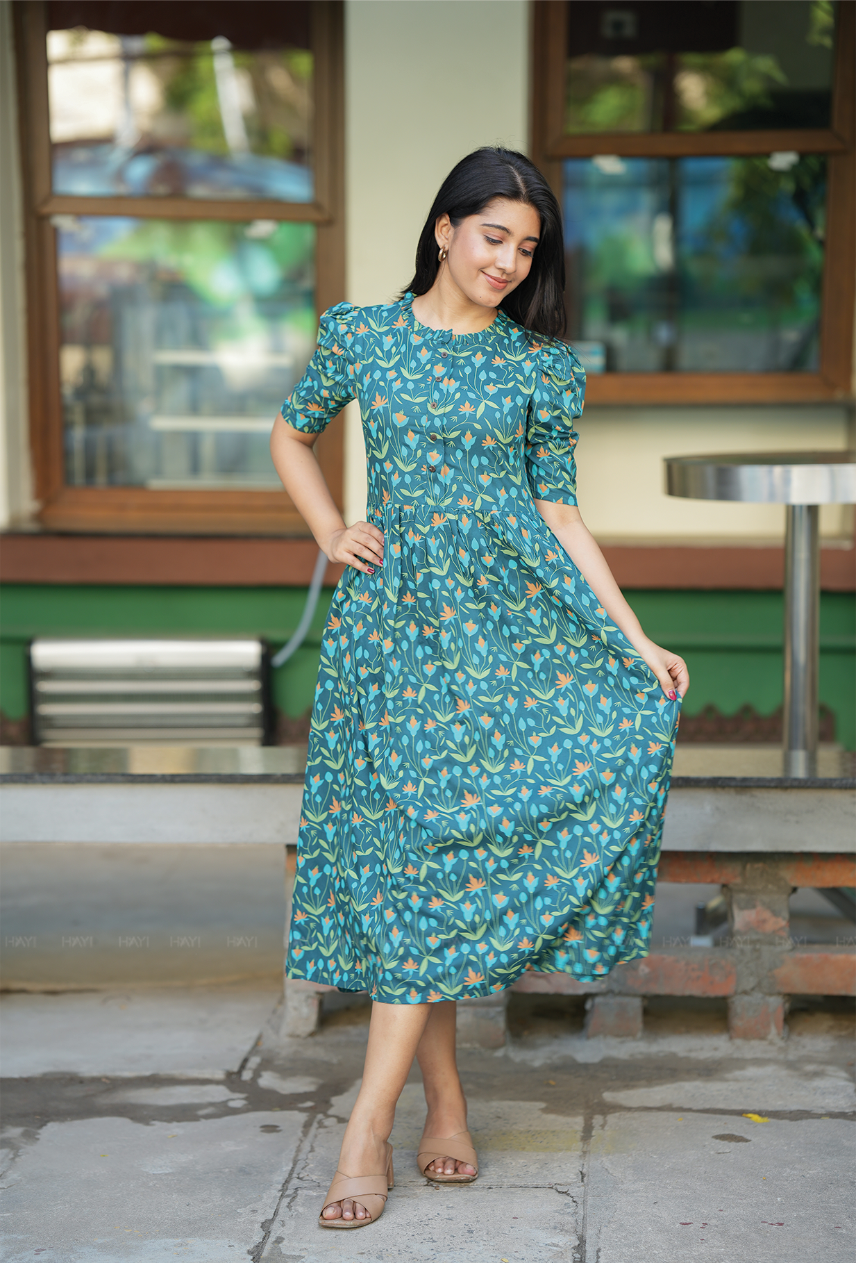 Flare Green with Lush Bloomlet floral printed Maternity and Feeding Dress