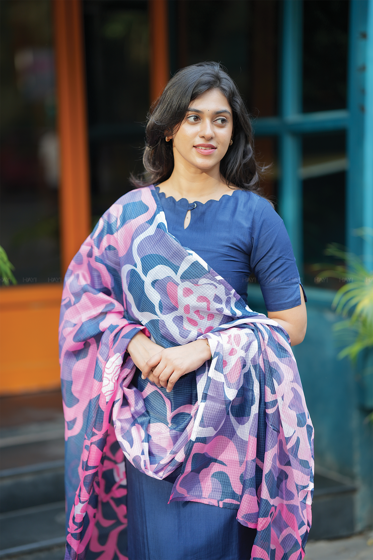 Blue Vibrant Petals printed 2 Piece Silk Blend Kurta with Dupatta