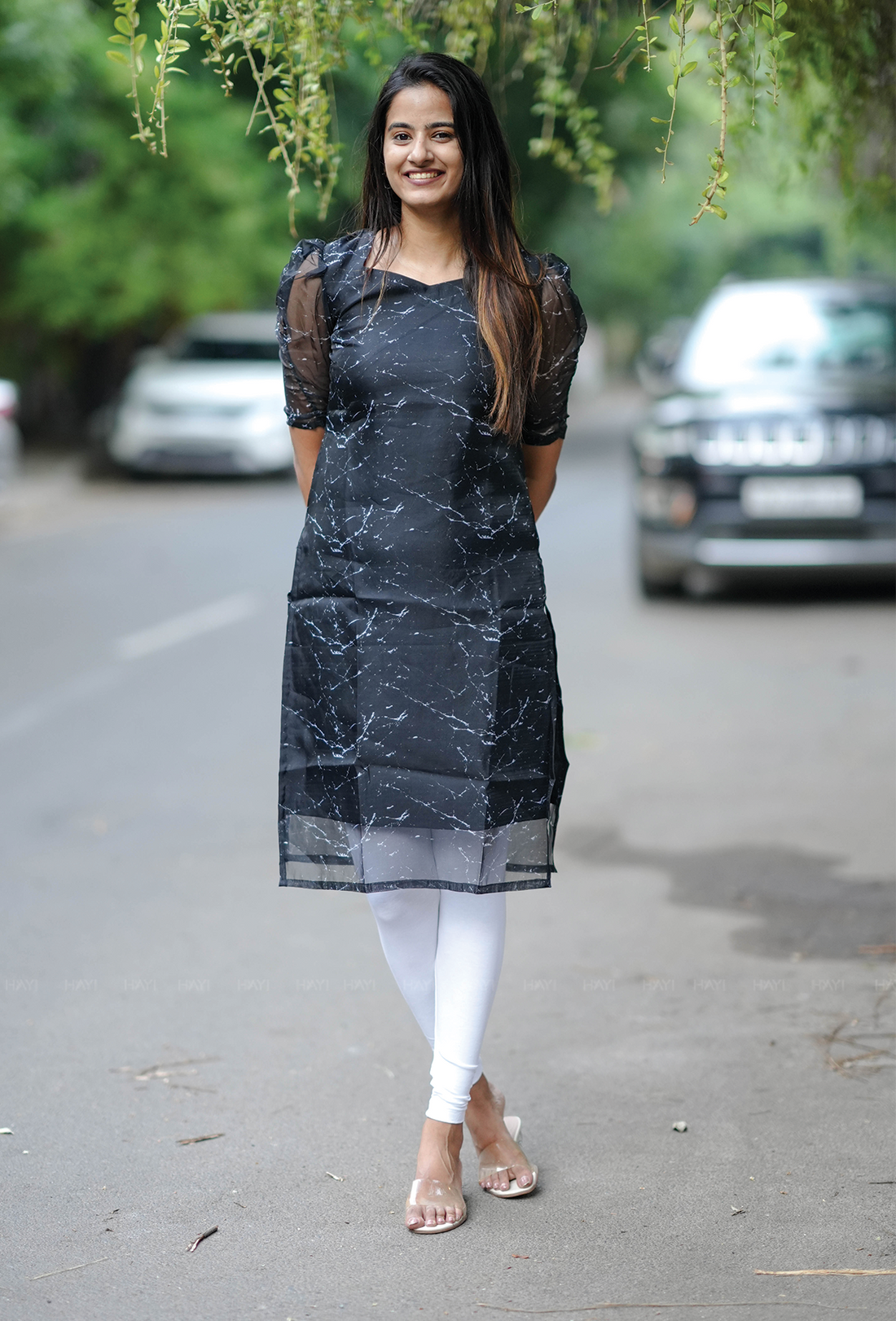 Fused Black with Silver Gleam printed Organza kurta