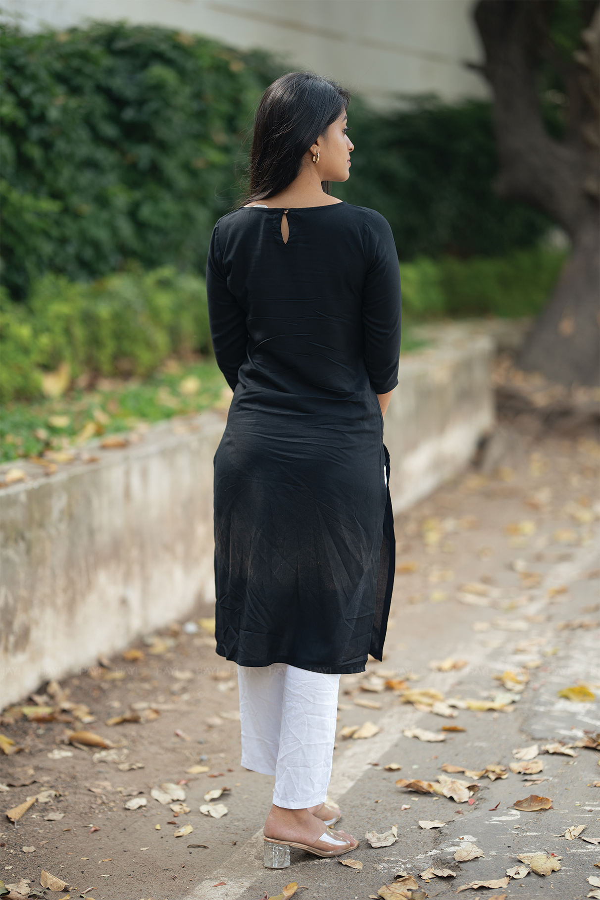 Obsidian Bloom Black Viscose Kurta with Boat Neck & 3/4 Sleeves