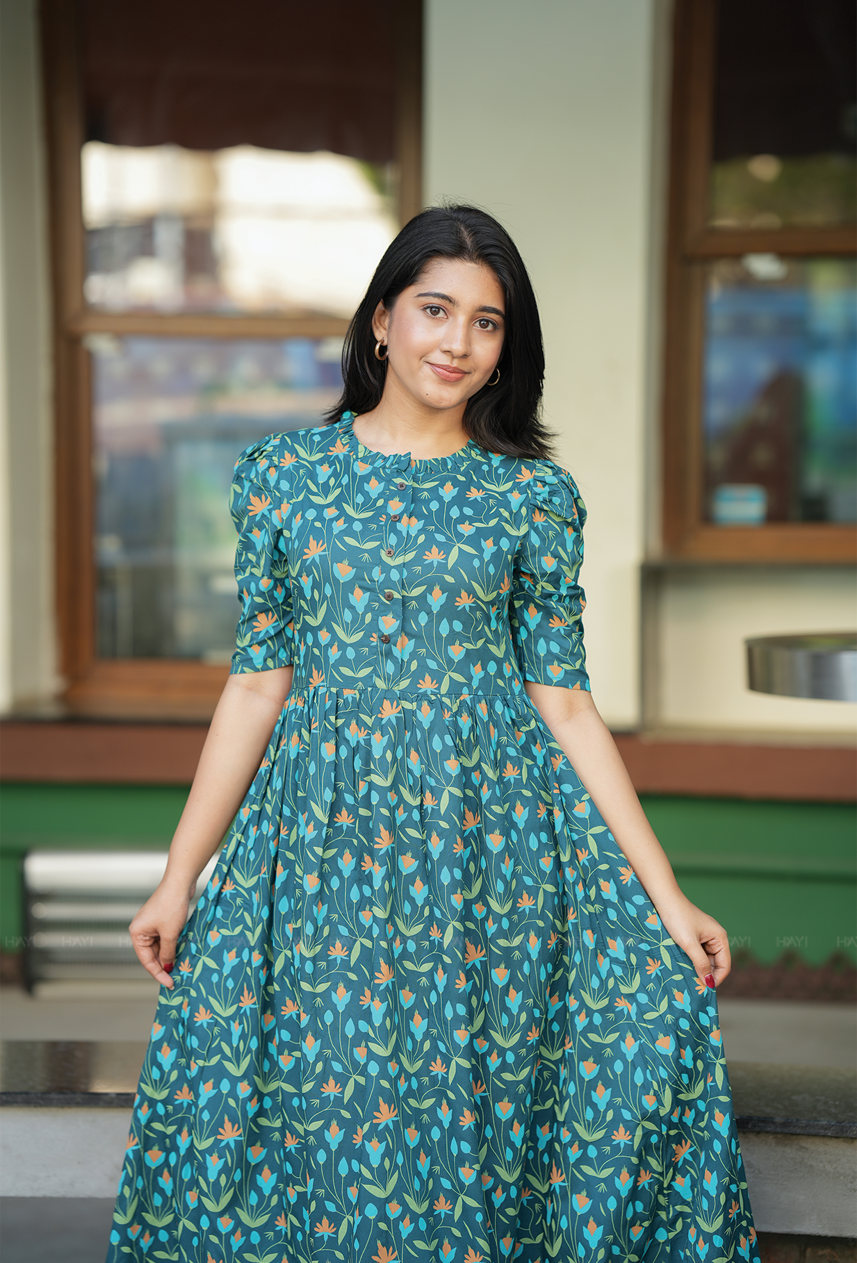 Flare Green with Lush Bloomlet floral printed Maternity and Feeding Dress