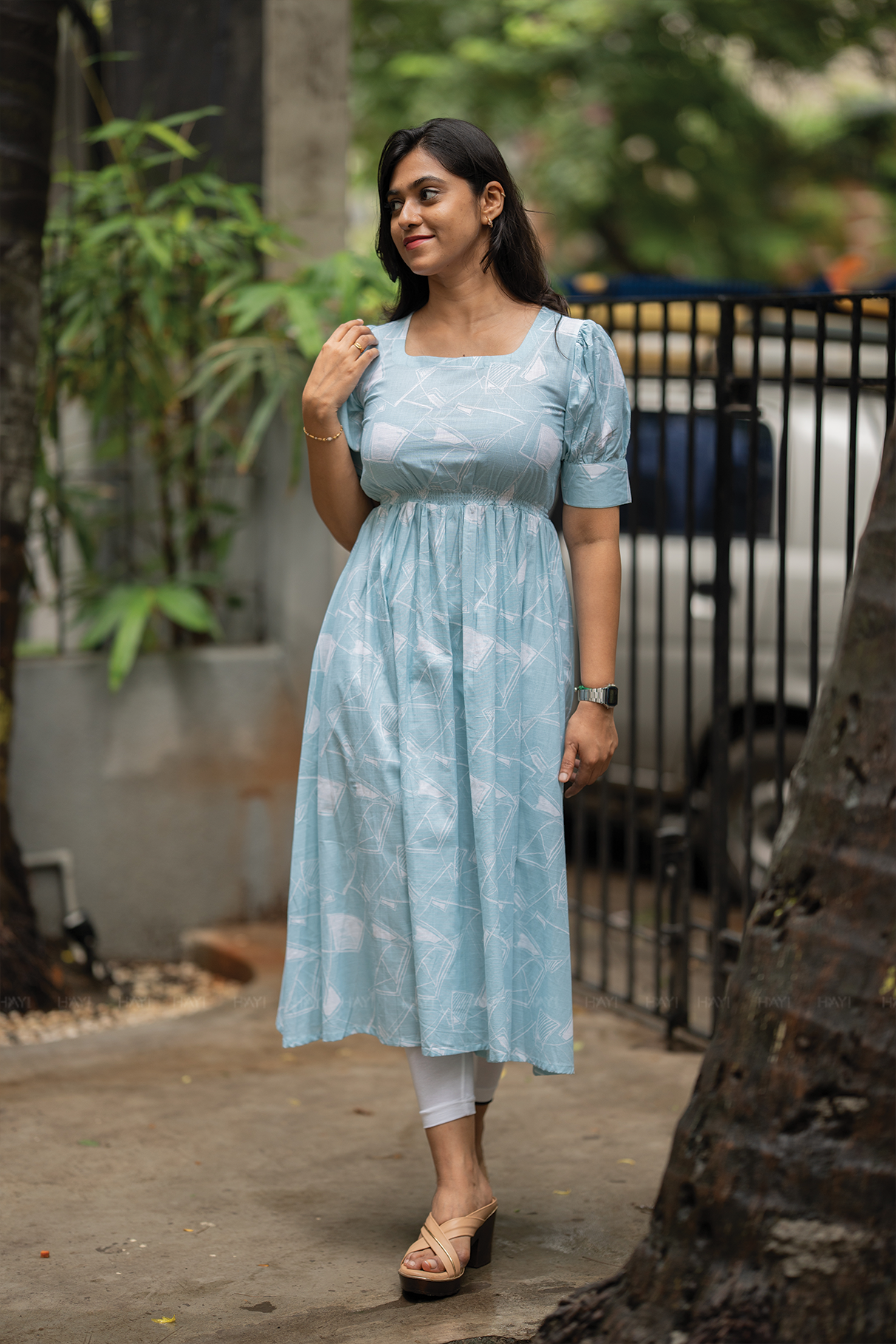 Petal Puff Blue Cotton Dress with Rounded Square Neck & Puff Elbow Sleeves