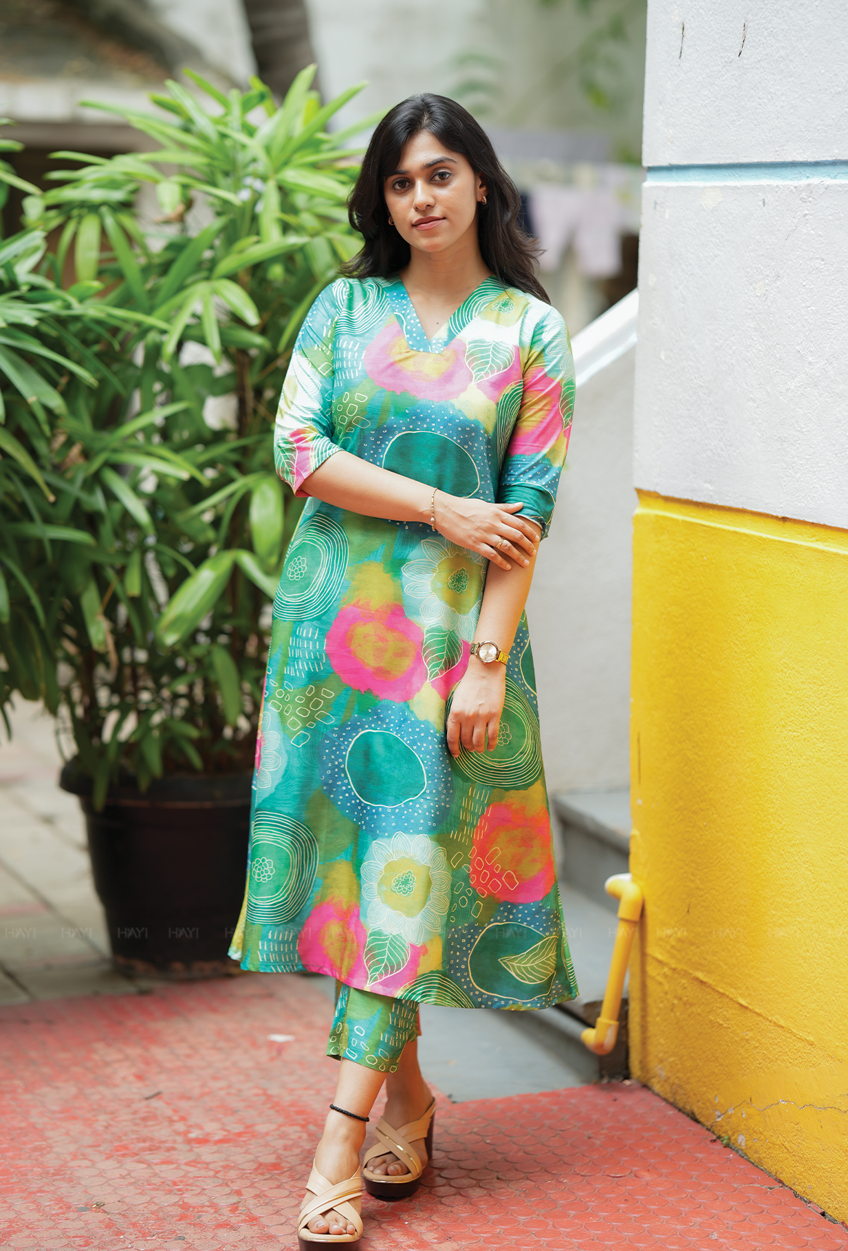 Mesh Green with Jungle Blush Silk Blend Co ord set