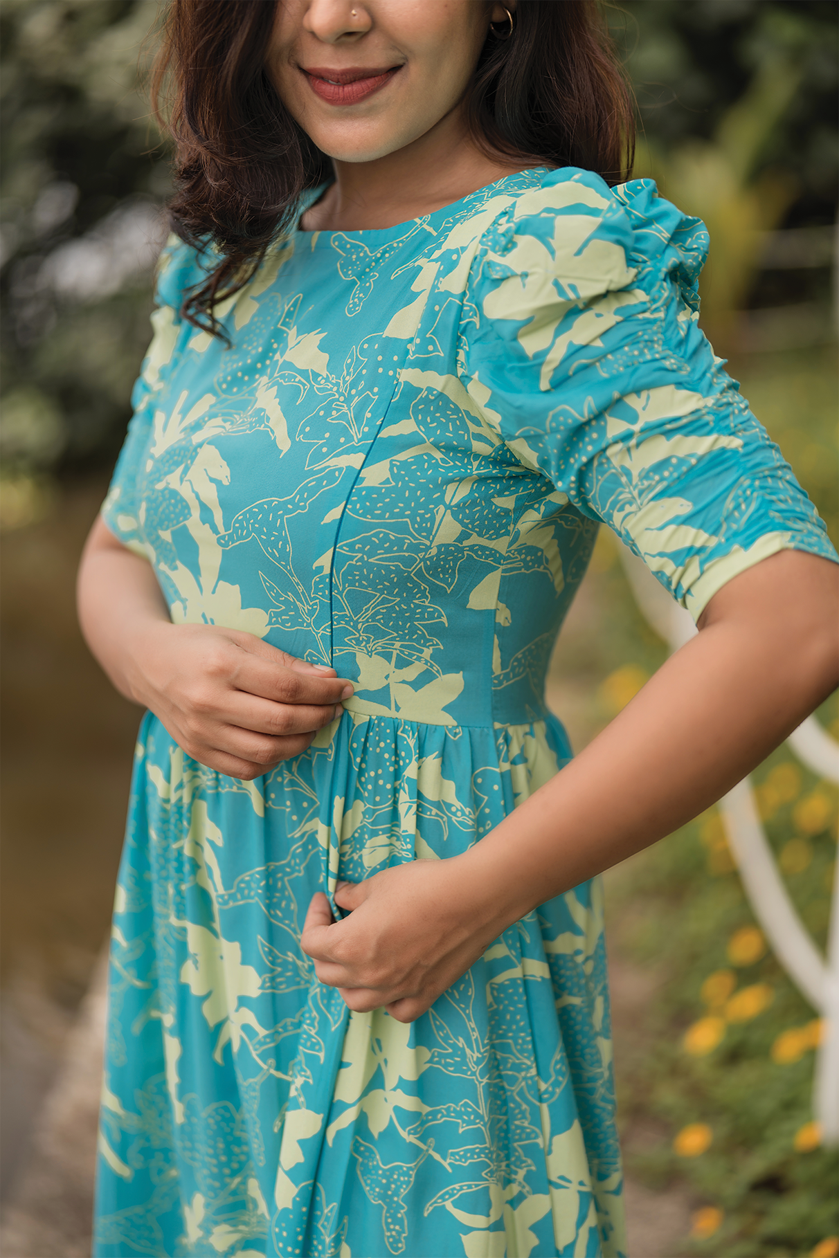 Maze Blue with Flourish Bloom floral printed Maternity and Feeding Viscose Dress
