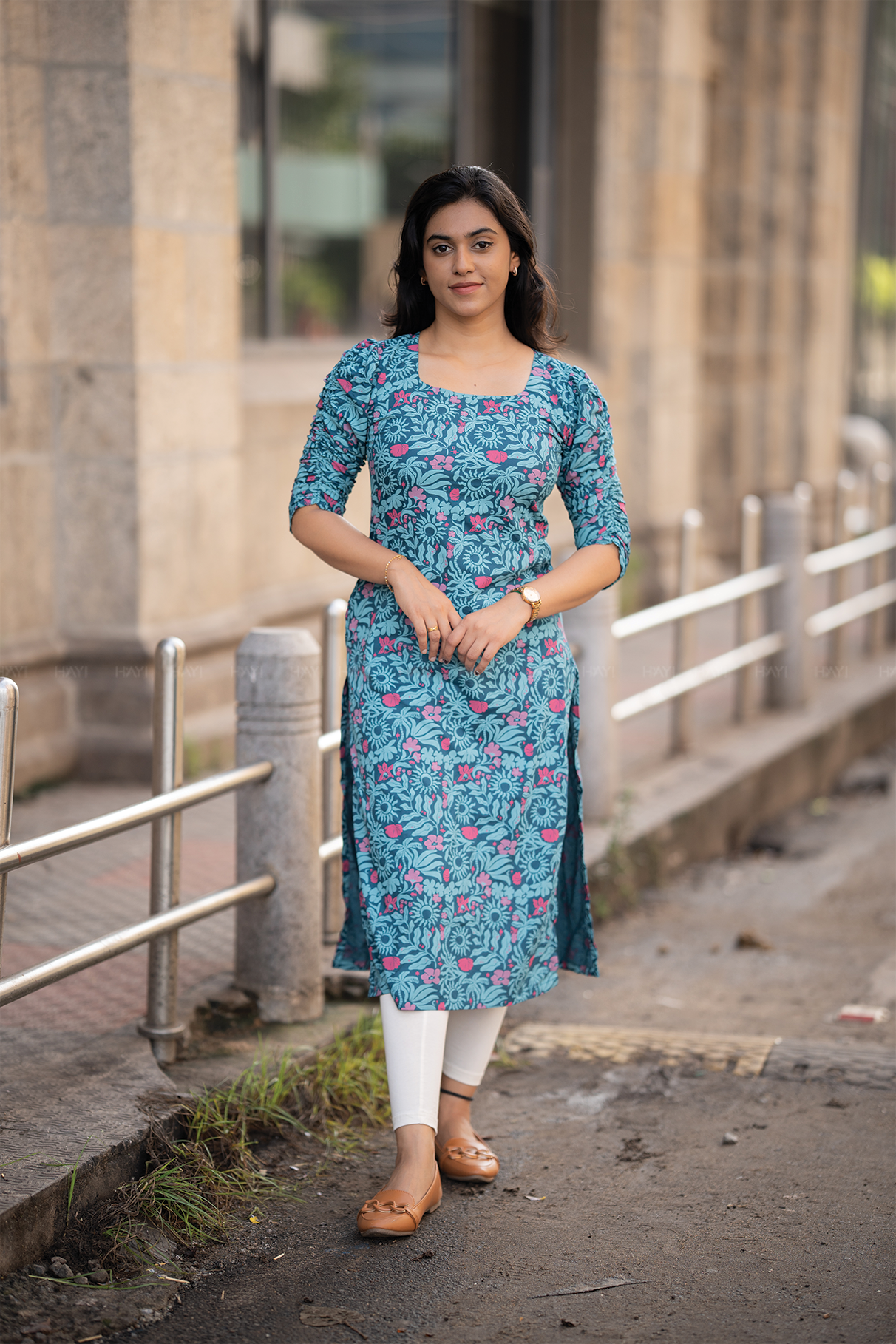 Lunar Muse Green Viscose Blend Kurti with Curved Square Neck & Elbow Ruched Sleeves