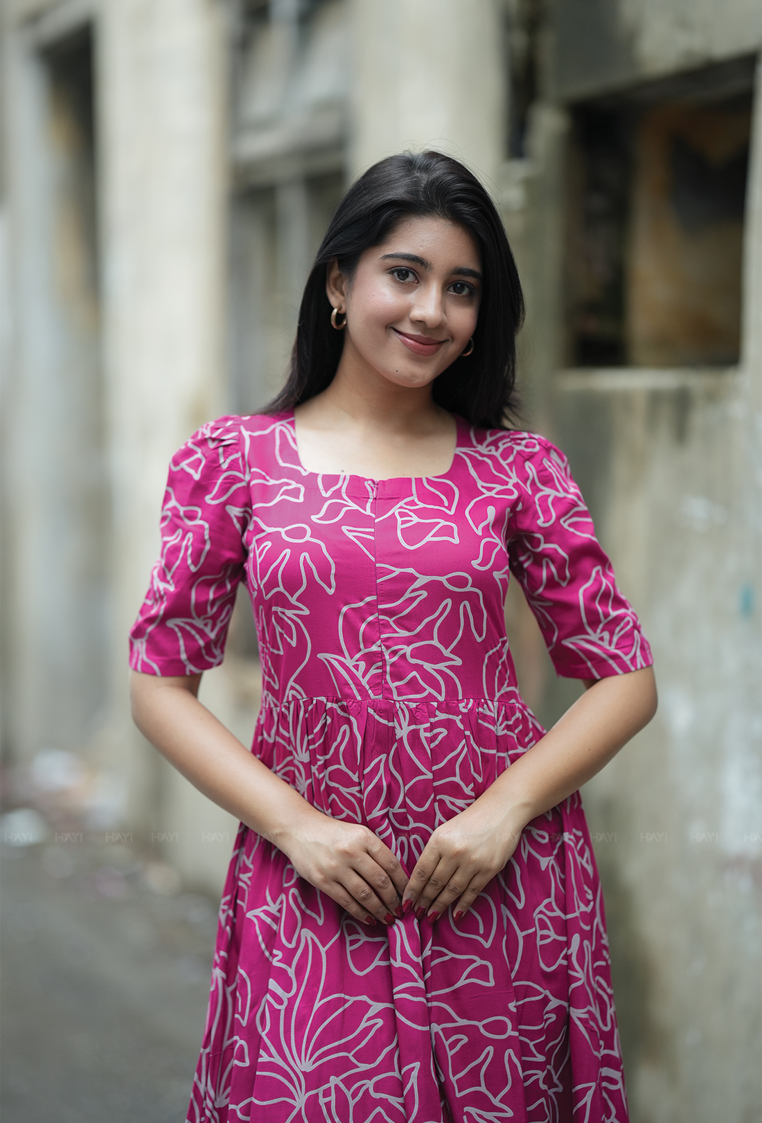 Dark Pink with Fuchsia Cluster floral printed Maternity and Feeding Dress