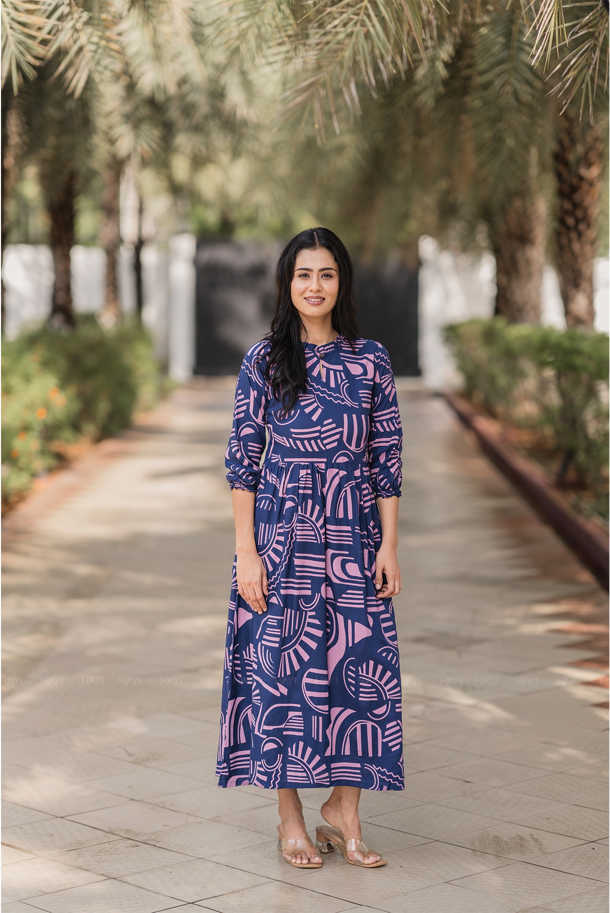 Geometric Whispers Blue Viscose Dress with Keyhole