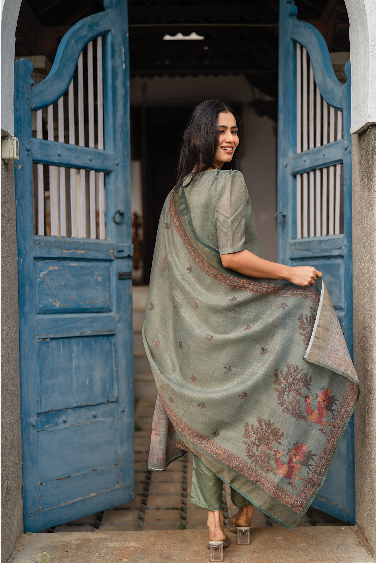 Mirga Green 3 Piece Linen Blend Printed Kurta with Pant & Dupatta