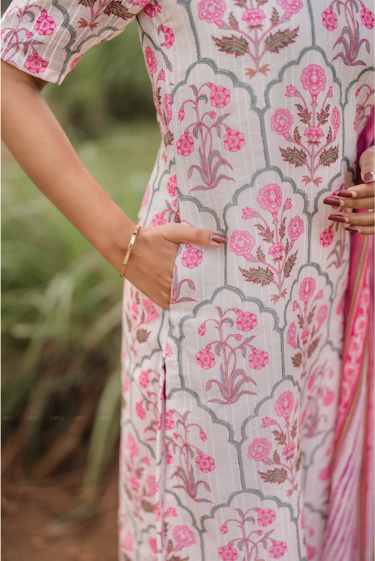 Bloomveil Half-White printed 2 Piece Linen Blend Kurta with Dupatta