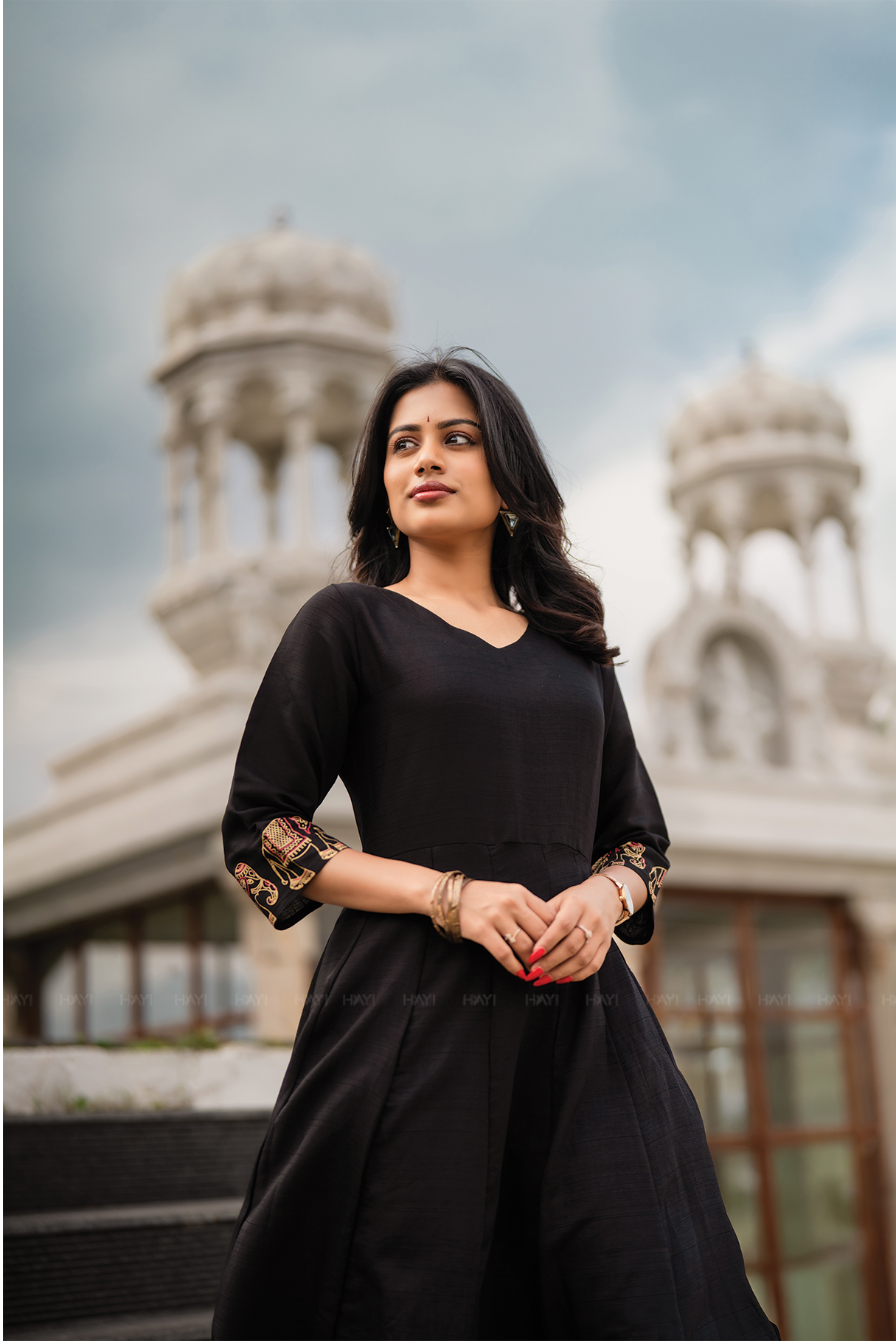 Elephora Black Viscose Foil Printed Anarkali with V-Neck & 3/4 Sleeves