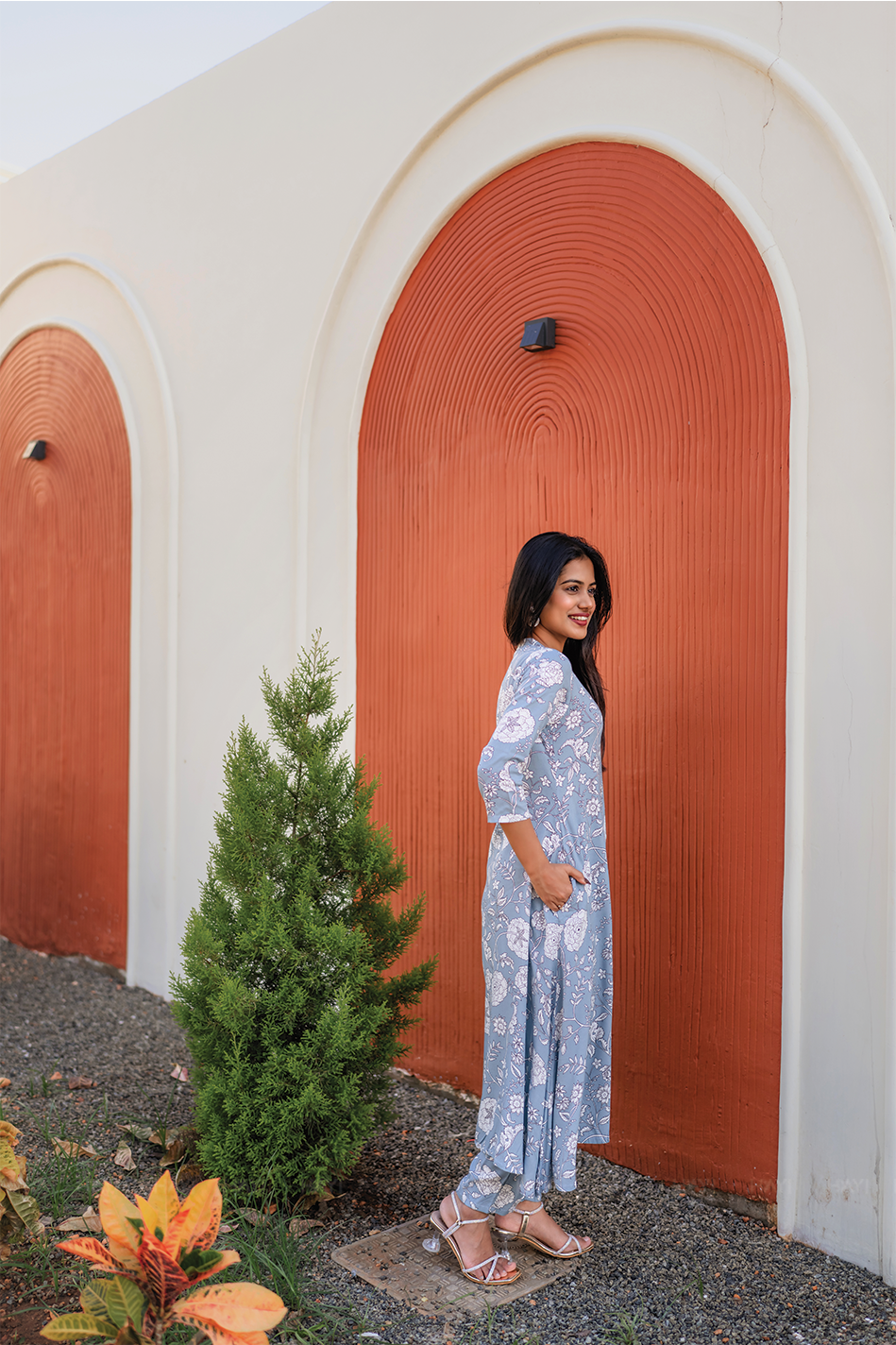 Hazy Petal Blue Viscose Co-ord with Chinese Collar & 3/4th sleeves