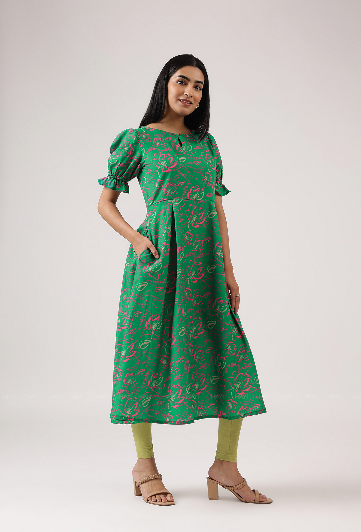 Ornate Green with Luminous Glimmer printed Cambric Blend Dress